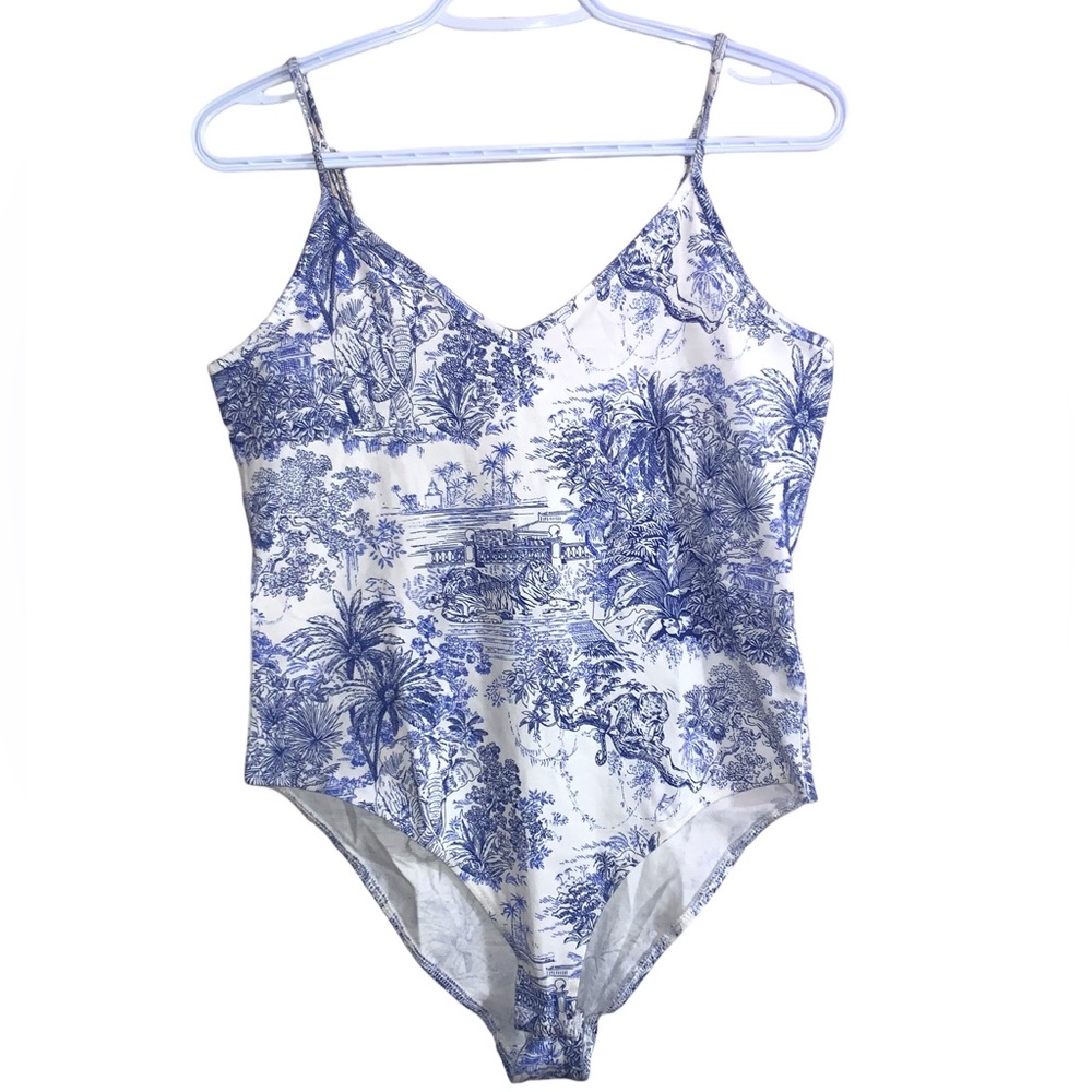 H&M | Delicate Jungle & Animals Print Bodysuit | White & Blue